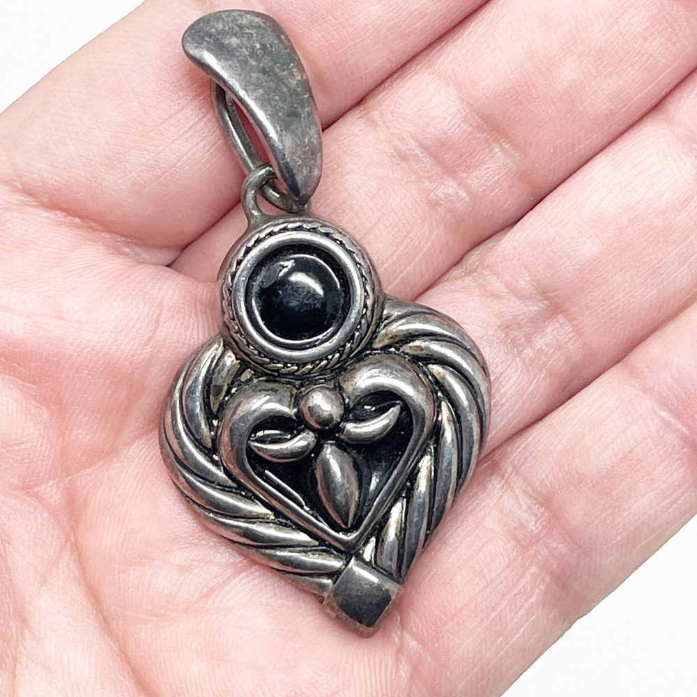 Premier Designs Heart Pendant Silver Tone Black Scroll Fleur De Lis 2 Inch